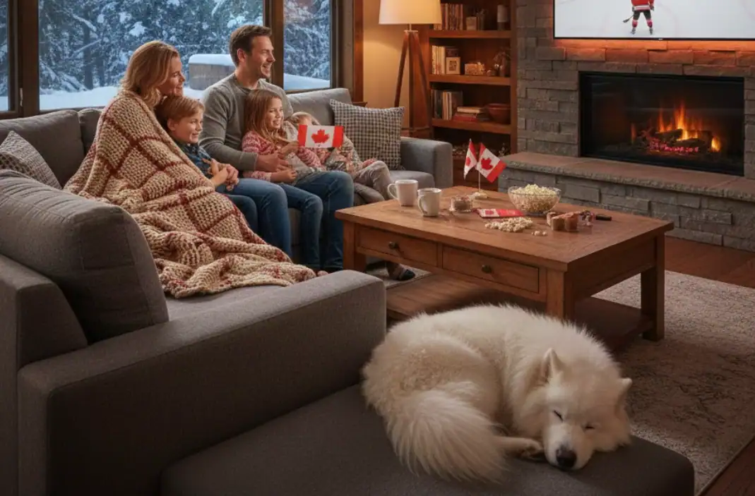 Canadian family watching TV in living room evening