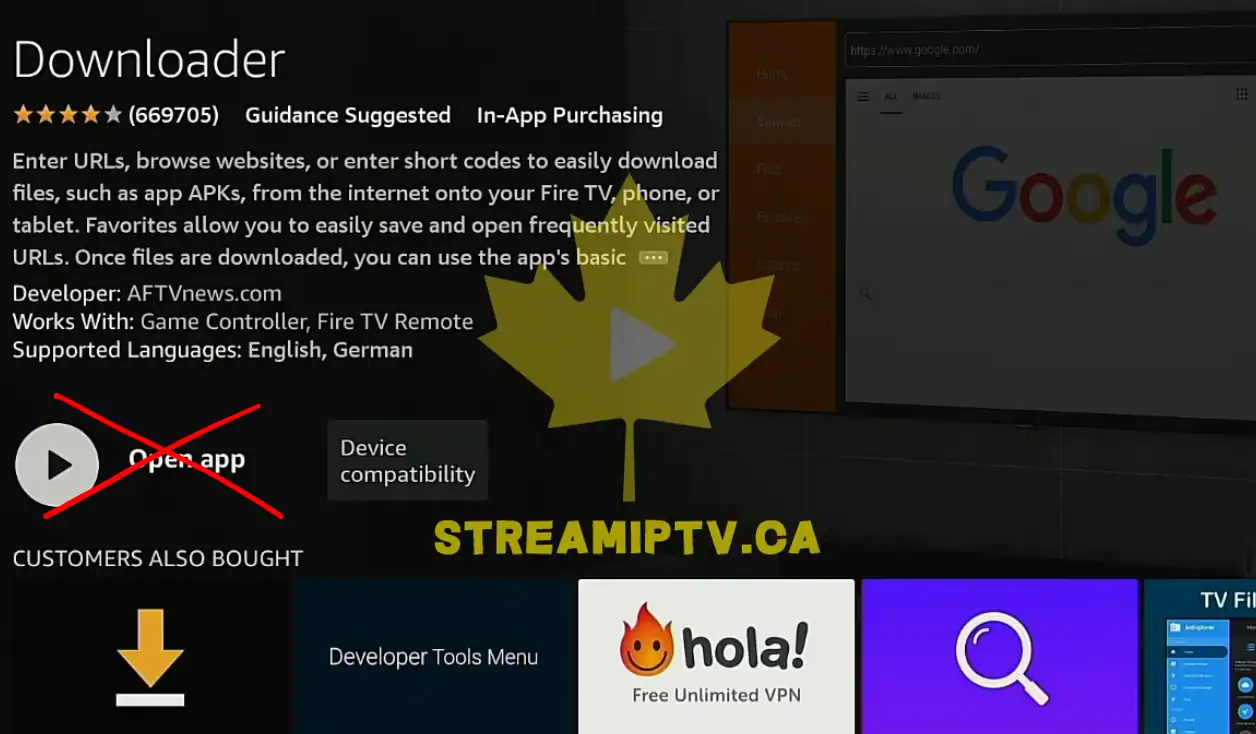 Downloader app page Open button Fire TV
