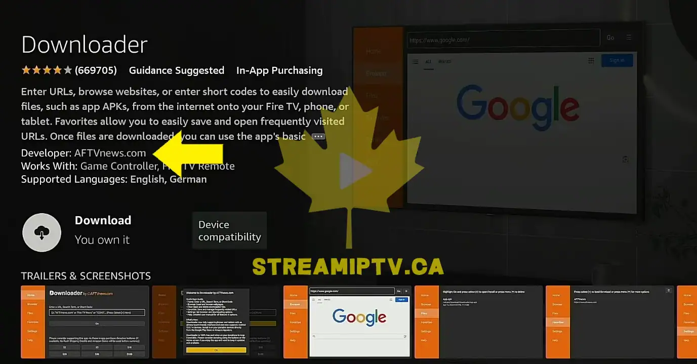 Downloader by AFTVnews app page Fire TV