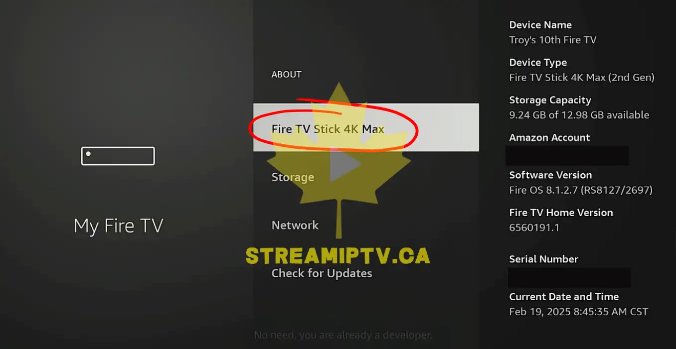 Amazon Fire TV About device name highlighted