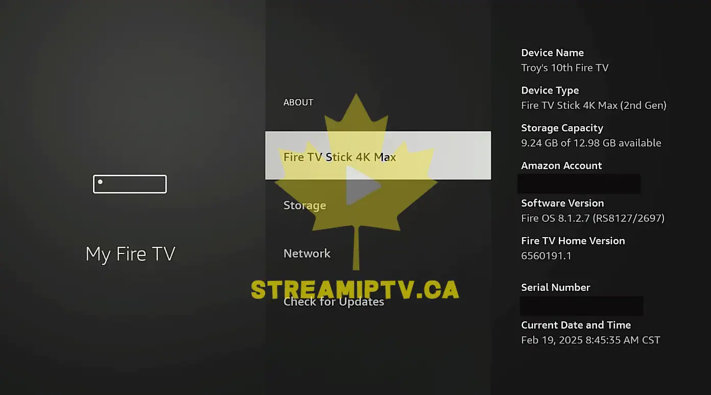 Amazon Fire TV About device name screen