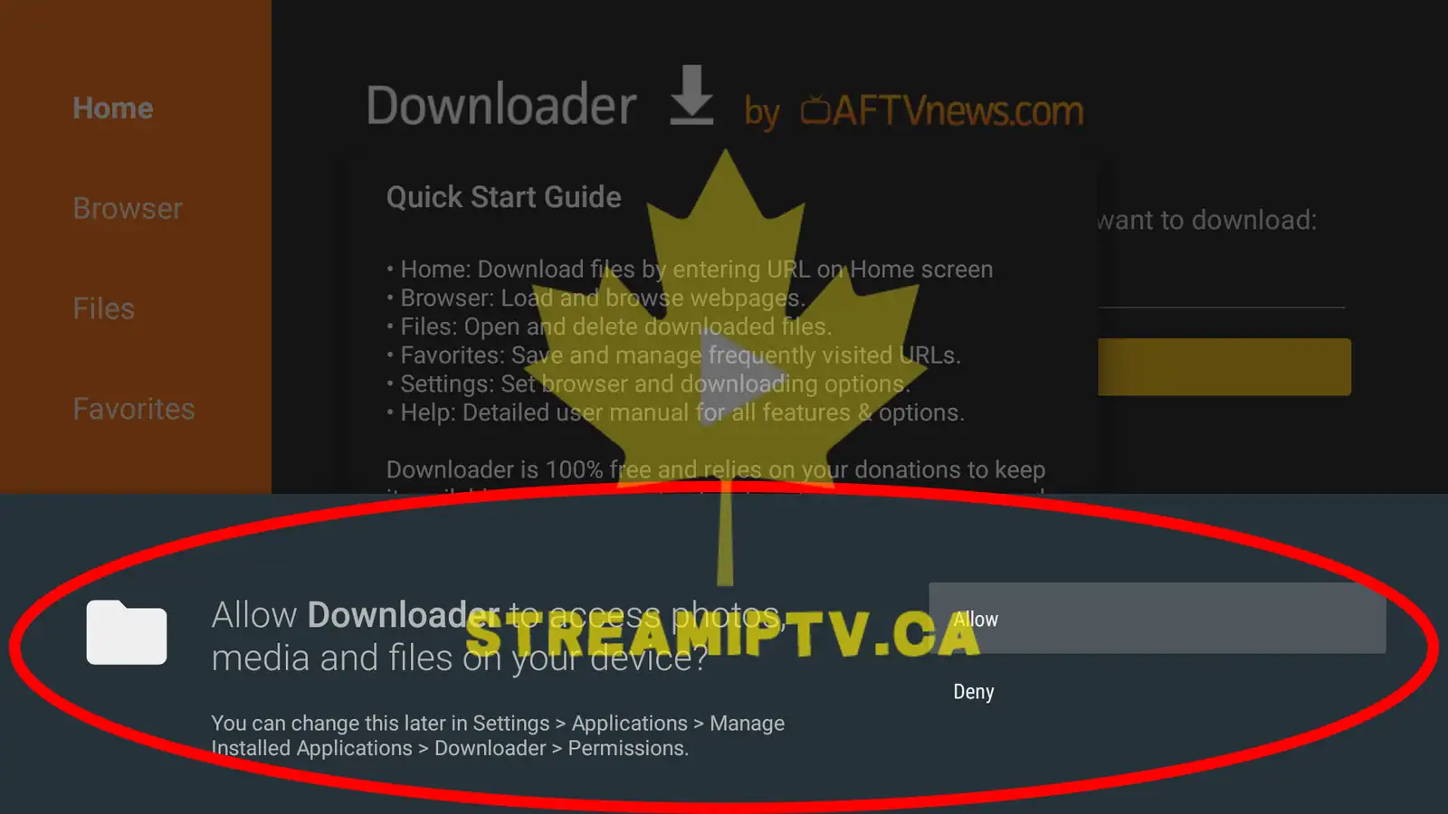 Downloader app permission prompt Fire TV allow