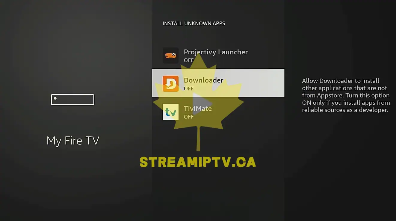 Amazon Fire TV Downloader app in Install Unknown Apps list