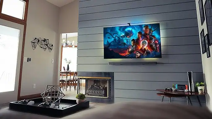 modern living room smart tv minimal setup with remote