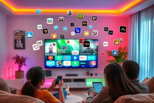 happy family switching from cable to IPTV streaming on smart tv