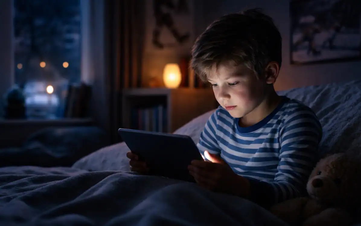 child using tablet at night dark room Canada