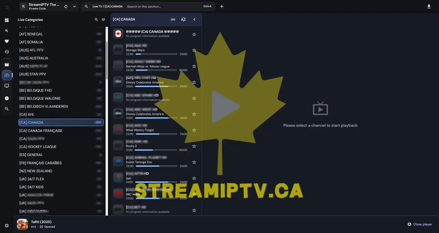 StreamIPTV channel list — Canadian, French, US and sports channels