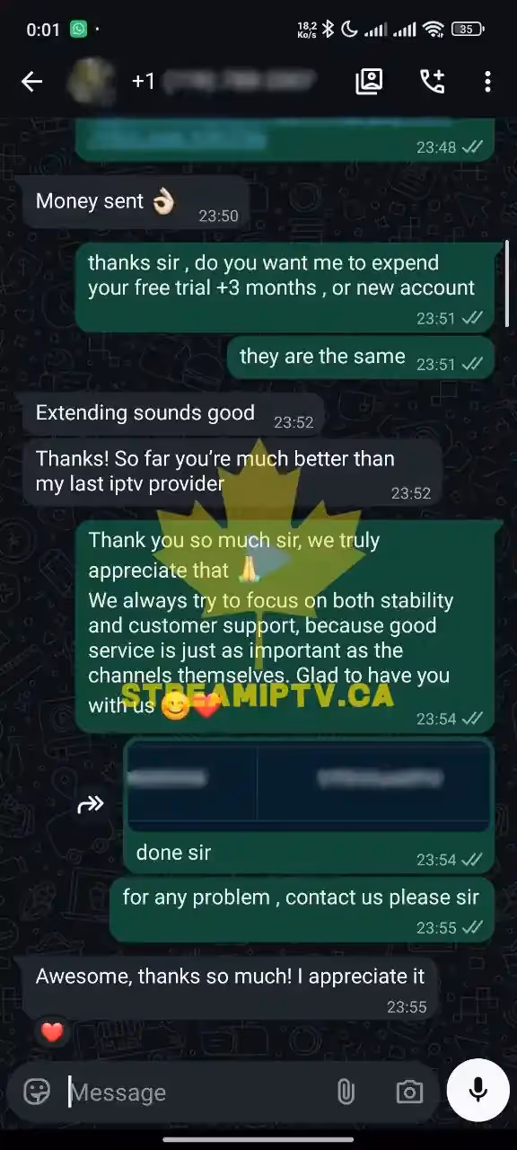 Real anonymized WhatsApp conversation — StreamIPTV activation