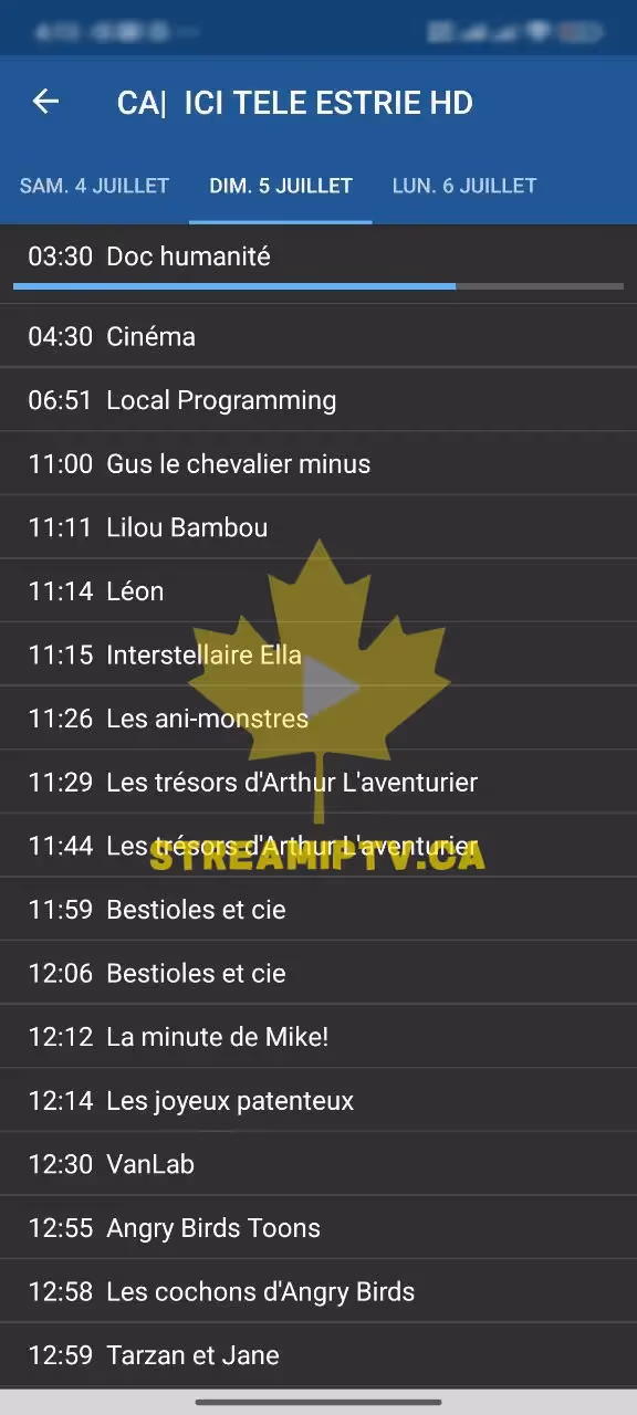 StreamIPTV channel guide on mobile — sports and Canadian channels