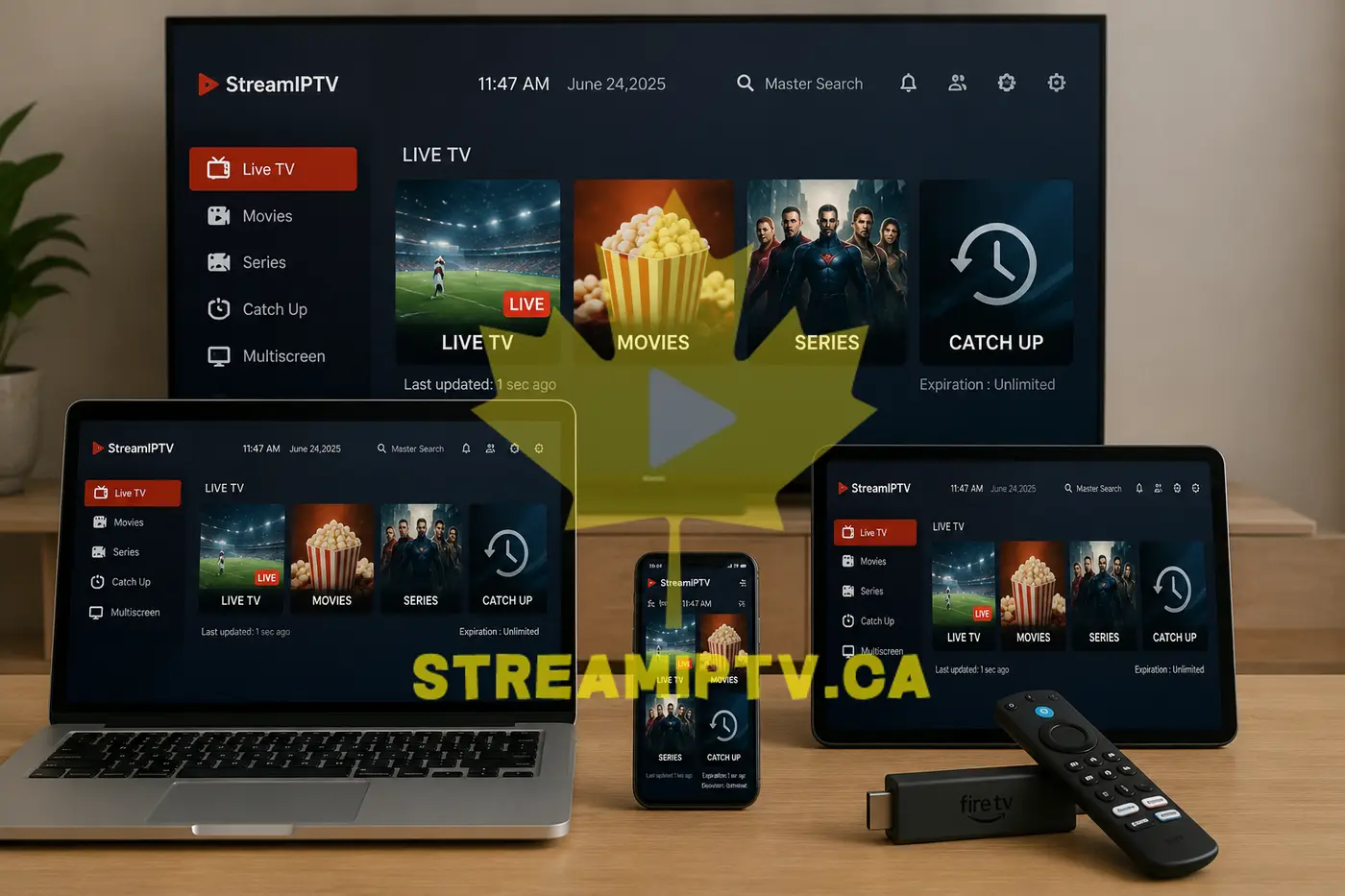 StreamIPTV working on Smart TV, Firestick, Android, iPhone and tablet