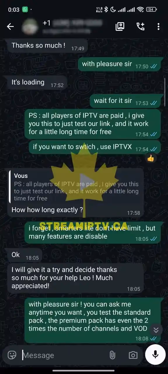 Real anonymized WhatsApp conversation — StreamIPTV activation