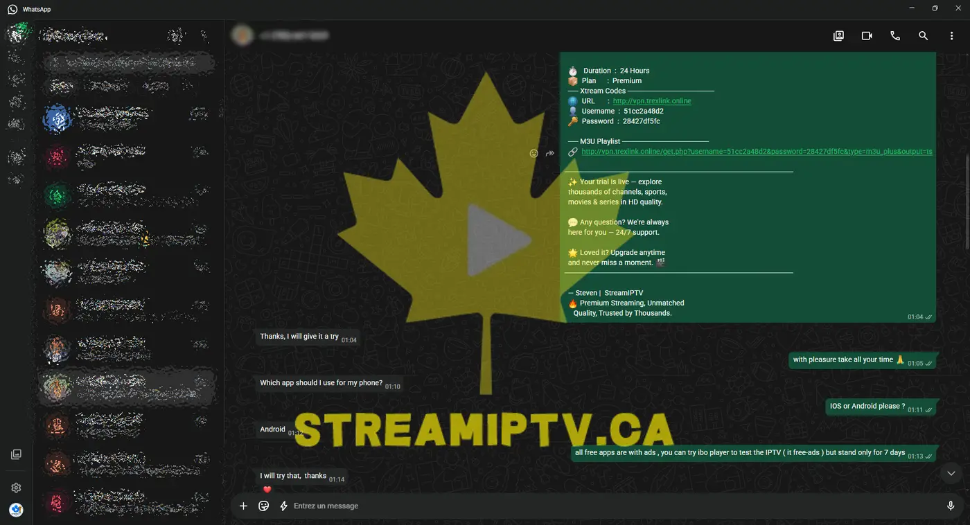 StreamIPTV activation — step 2, receive credentials by WhatsApp