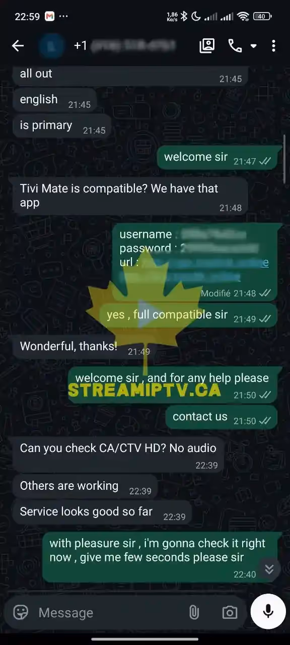 Real anonymized WhatsApp conversation — StreamIPTV activation