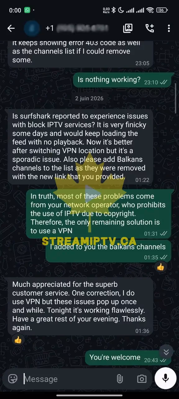 StreamIPTV WhatsApp — setup help conversation