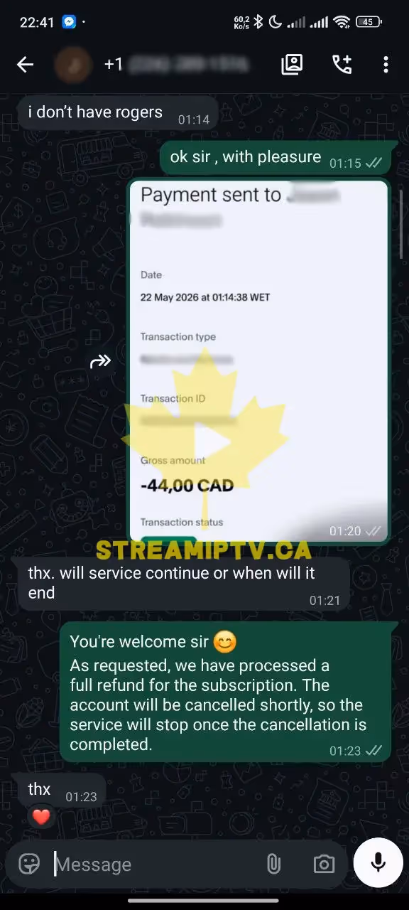 WhatsApp refund conversation — money back guarantee honoured