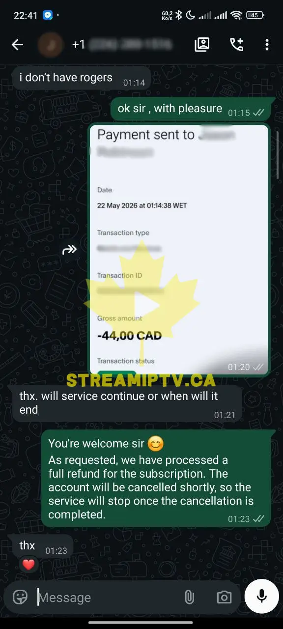 WhatsApp support chat — refund completed same day