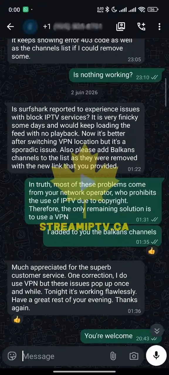 Real anonymized WhatsApp conversation — StreamIPTV activation