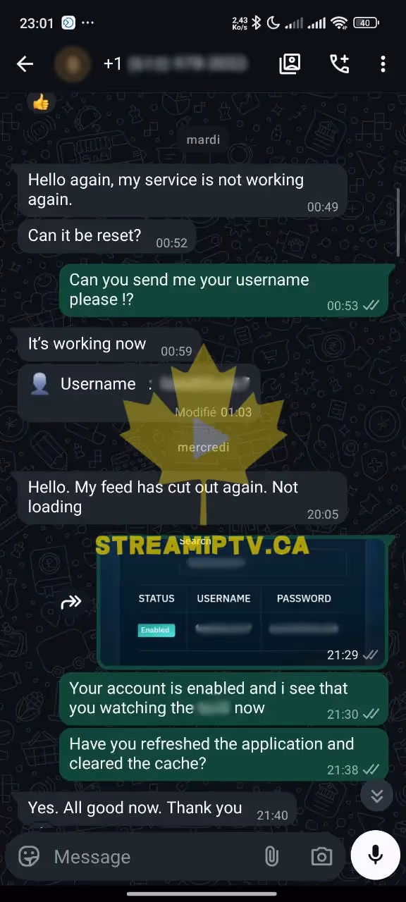 StreamIPTV WhatsApp support — real customer conversation
