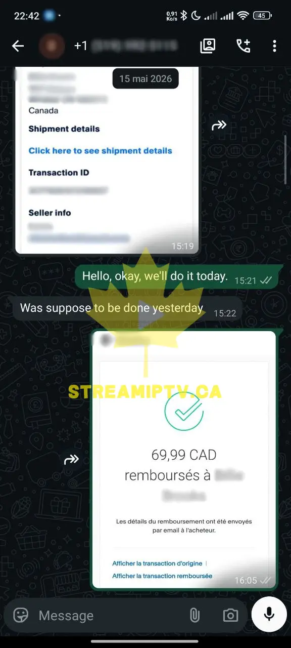 WhatsApp refund conversation — customer refunded within 7 days