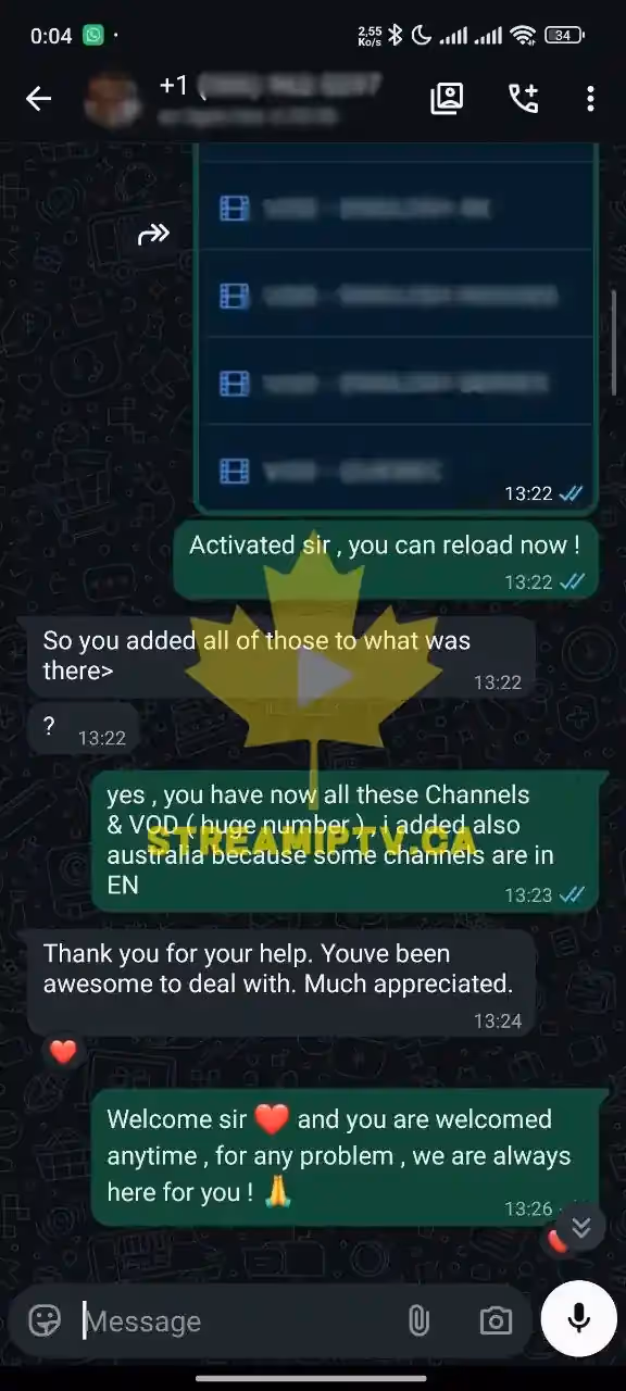 Real anonymized WhatsApp conversation — StreamIPTV activation