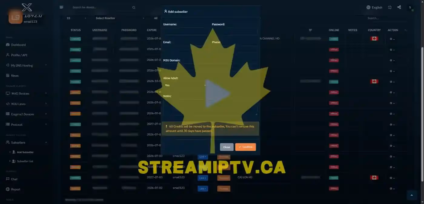 Real StreamIPTV reseller panel — manage client accounts and track earnings