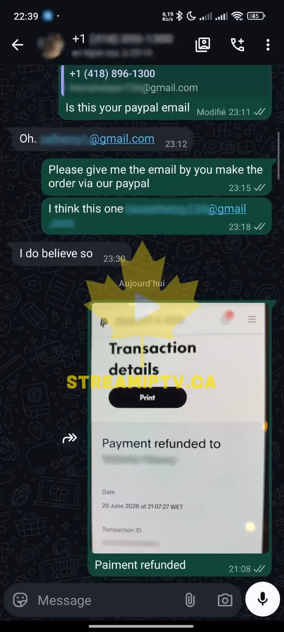 WhatsApp refund conversation — no questions asked refund