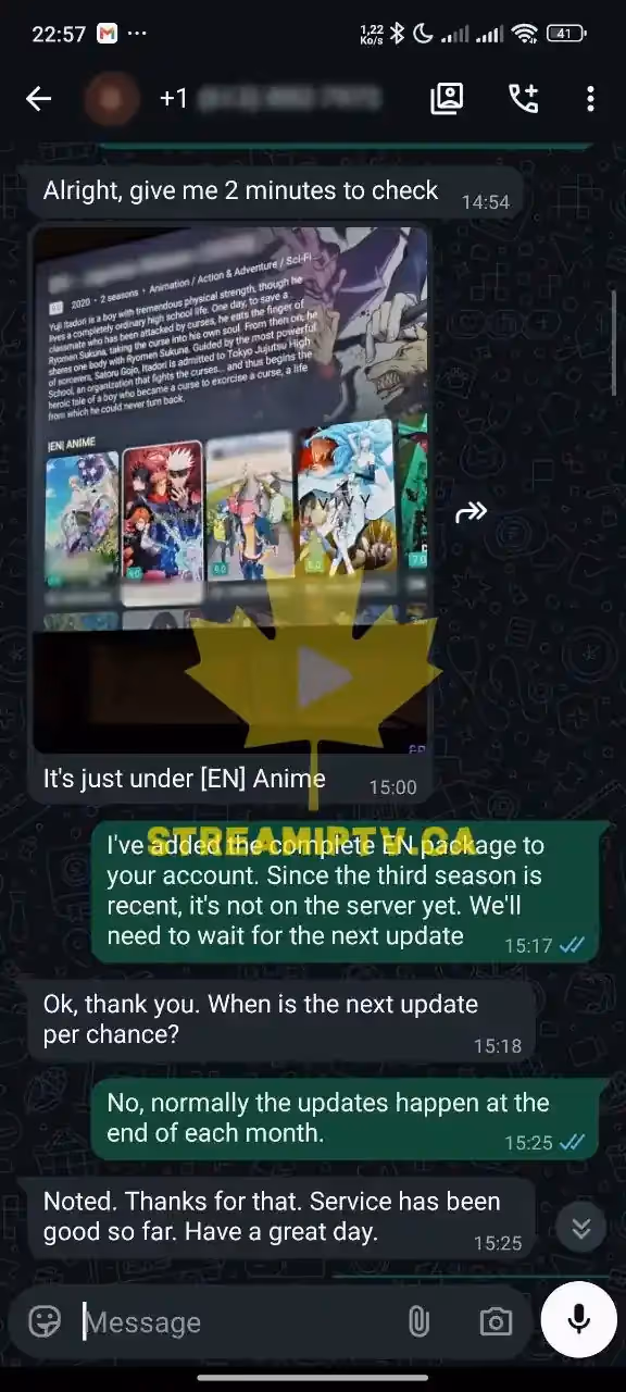 Real anonymized WhatsApp conversation — StreamIPTV activation