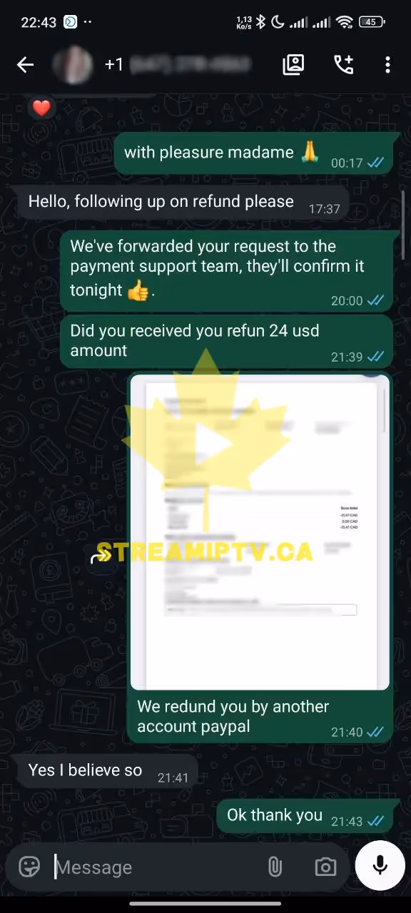 WhatsApp refund conversation — customer refunded within 24 hours