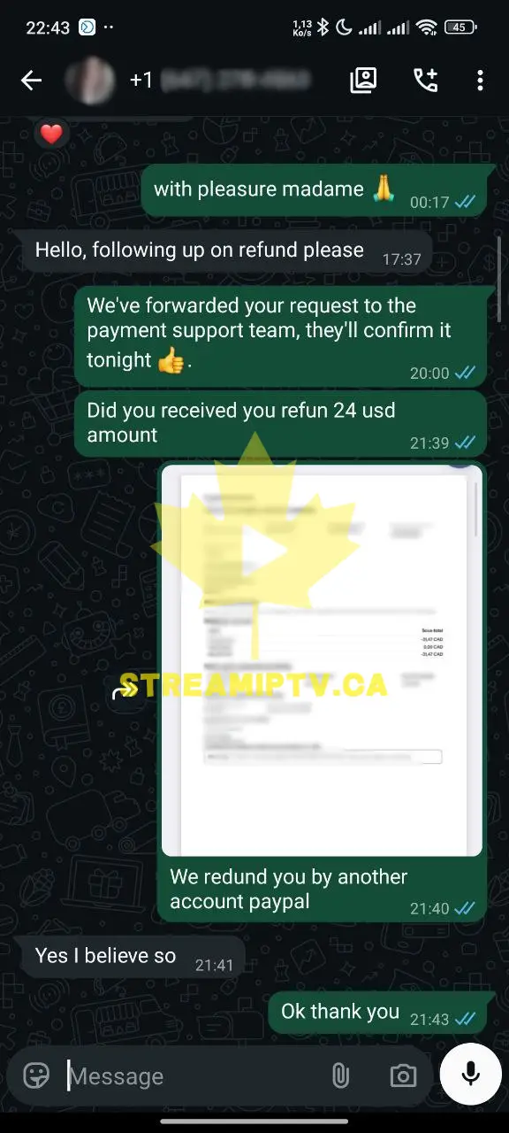 WhatsApp chat — refund request processed fast by StreamIPTV