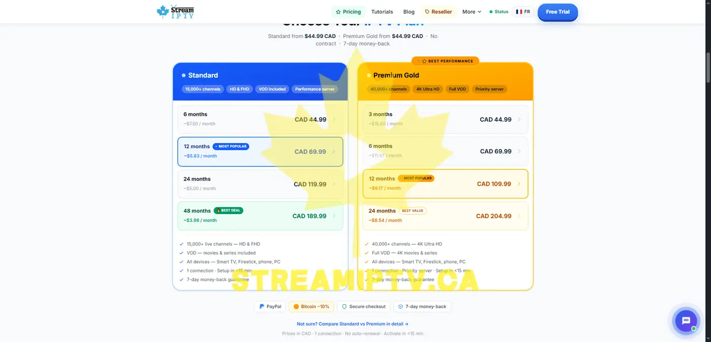 StreamIPTV order process — step 1, choose plan and pay securely