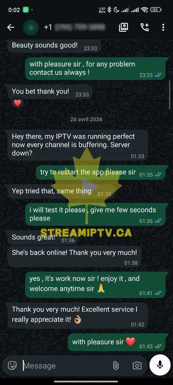 StreamIPTV WhatsApp support chat — fast response in English and French