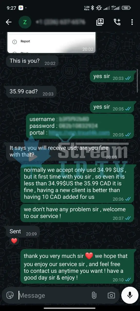 WhatsApp IPTV review 2 — streamiptv.ca customer