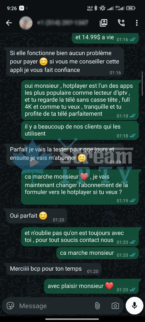 WhatsApp IPTV review 6 — streamiptv.ca customer