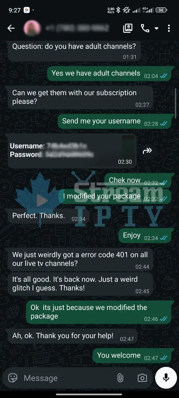WhatsApp IPTV review 8 — streamiptv.ca customer