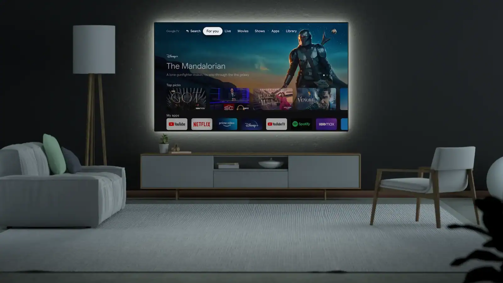 minimalist living room tv single streaming app interface