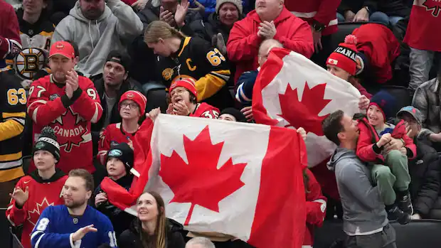 sports fans cheering hockey game at home Canada