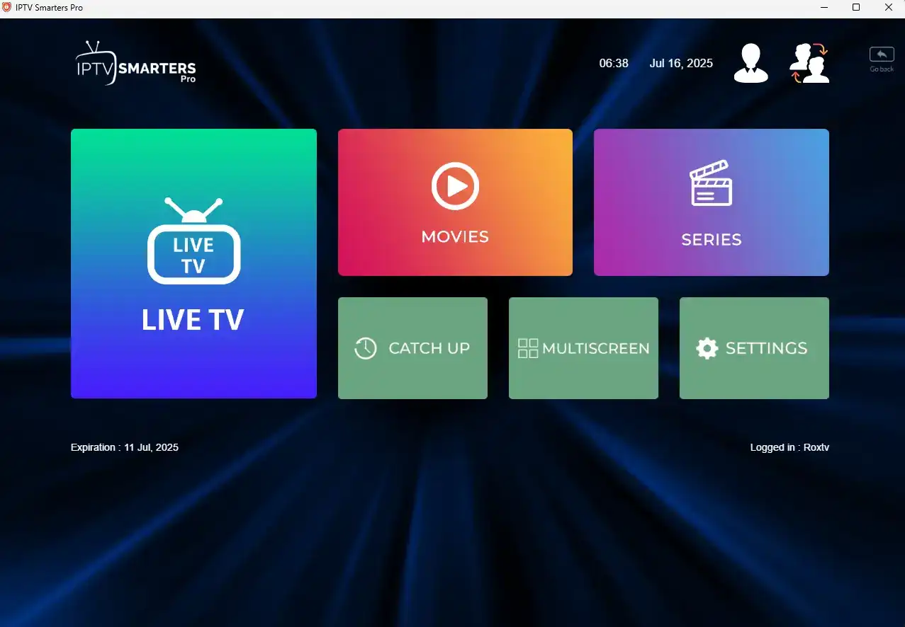 modern streaming app dashboard on TV screen IPTV Smarters interface 2025
