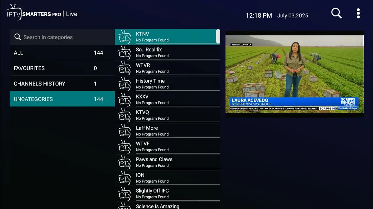 IPTV Smarters live channels list interface 2025 screenshot