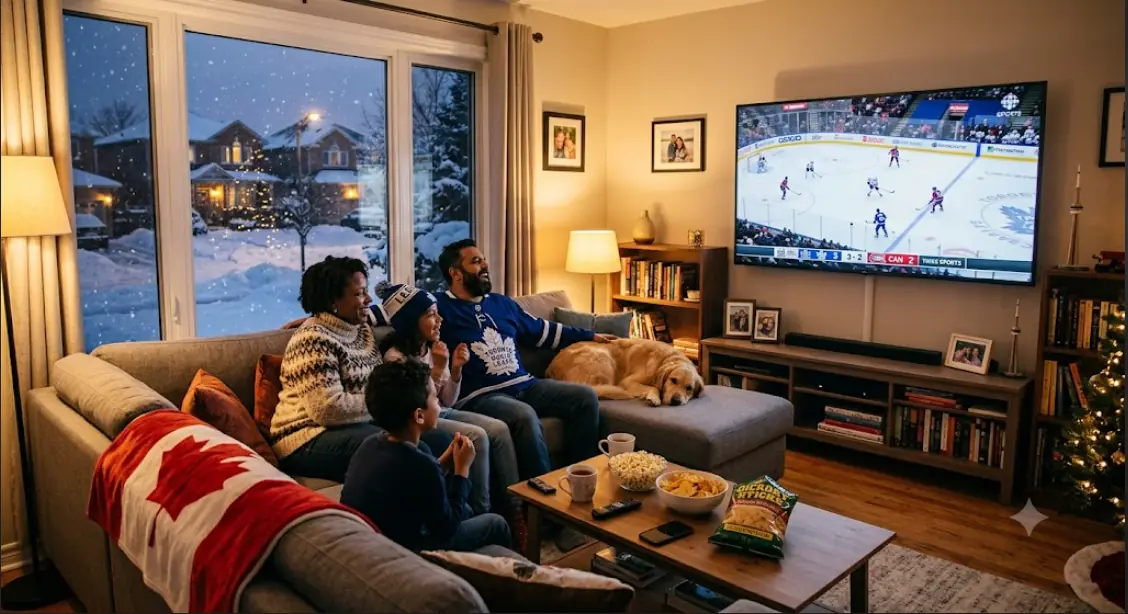 A Canadian family in a Brampton living room watching live TV on a Smart TV, warm evening light, winter view through the window