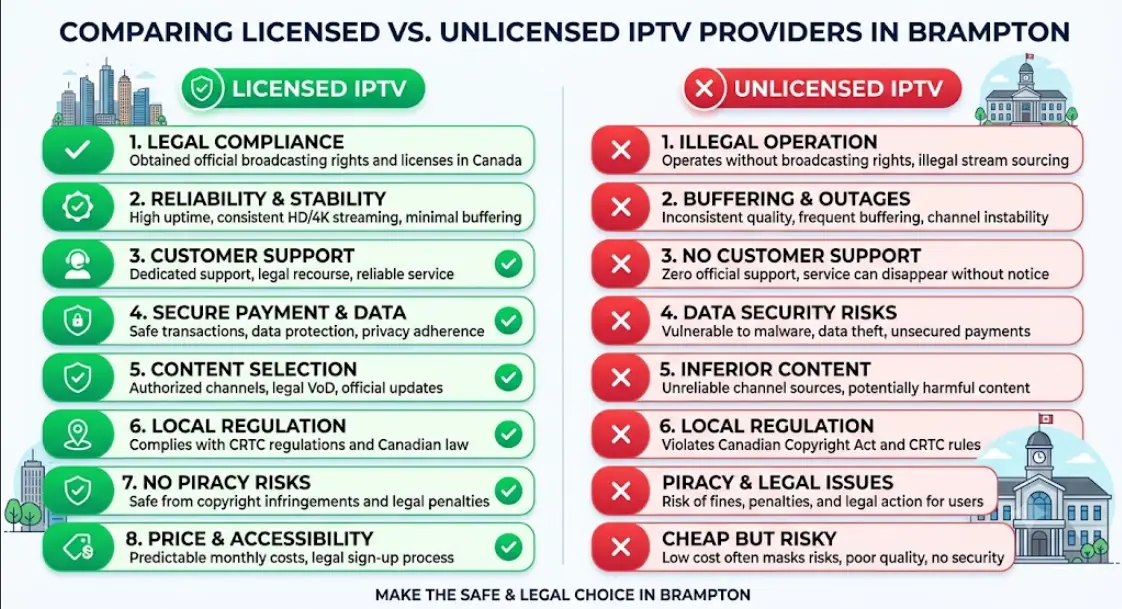 Checklist graphic comparing licensed and unlicensed iptv brampton providers, clean modern flat design, red and green icons