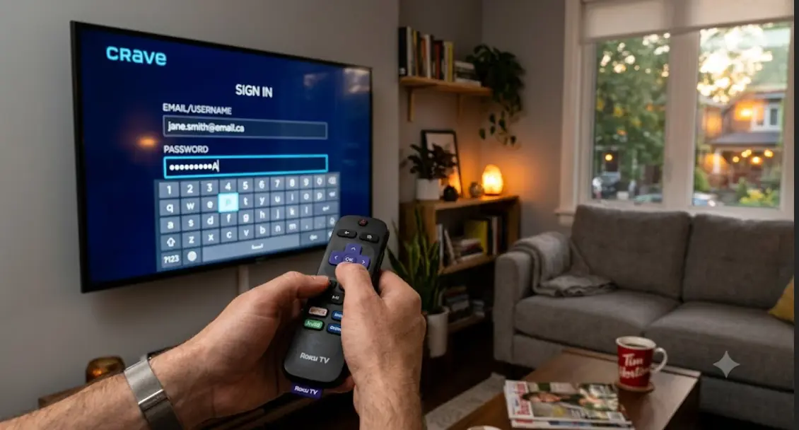Close-up of hands using a TV remote to enter login details on a Smart TV streaming app, modern Canadian living room, evening