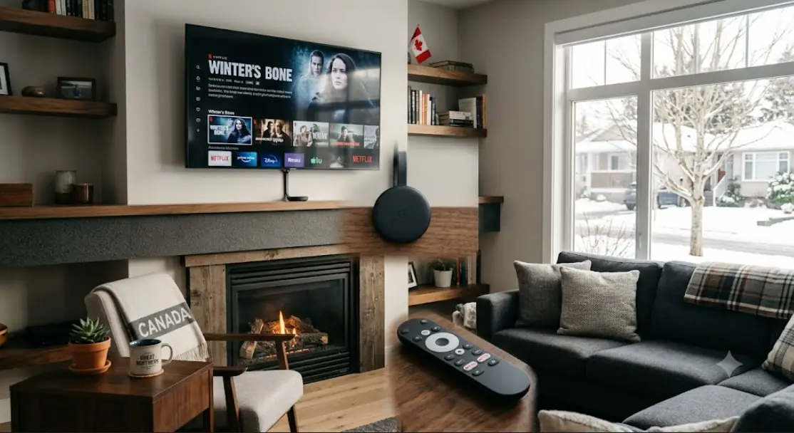 A small black Android streaming box sitting under a wall-mounted TV in a modern Canadian living room, remote on the side table, winter light