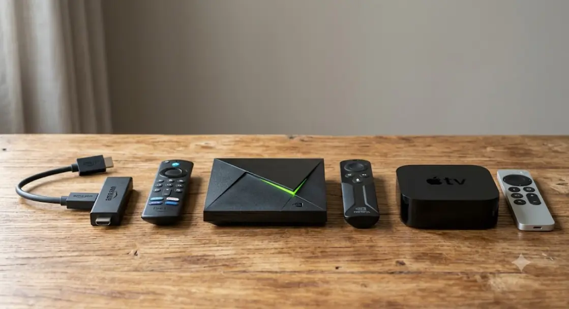 Side-by-side comparison of a streaming stick, an android tv box and an apple tv on a wooden table, clean product photography, neutral background