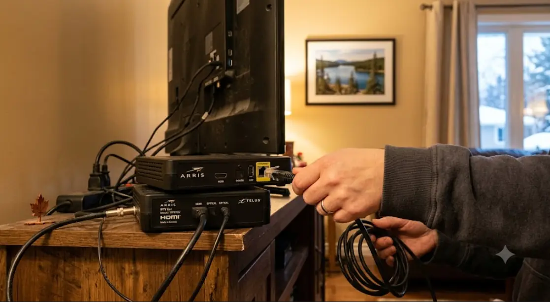 Person connecting an ethernet cable into the back of an iptv box behind a television, close-up, warm indoor lighting, Canadian home setting