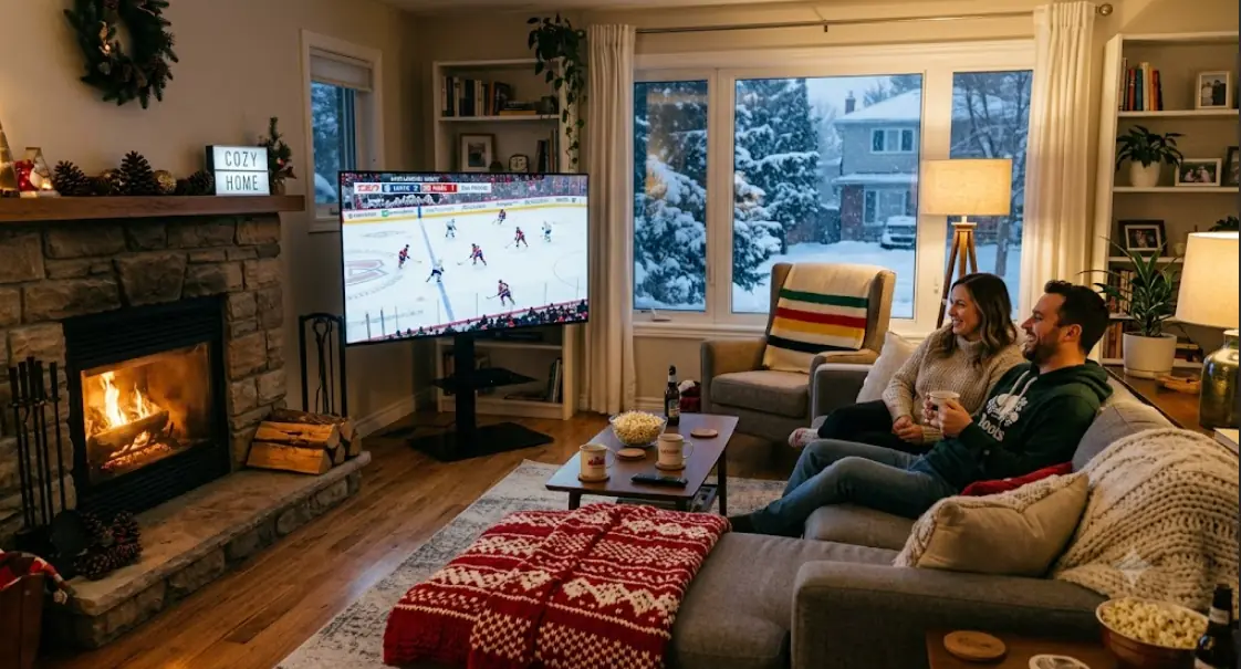 Canadian living room with a modern smart TV showing a live sports channel, warm evening lighting, cozy winter setting