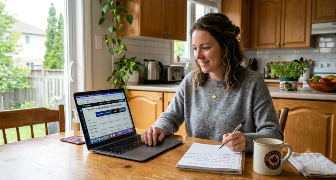 Person comparing best IPTV plans on a laptop at a kitchen table, notepad with checklist beside them, Canadian home setting