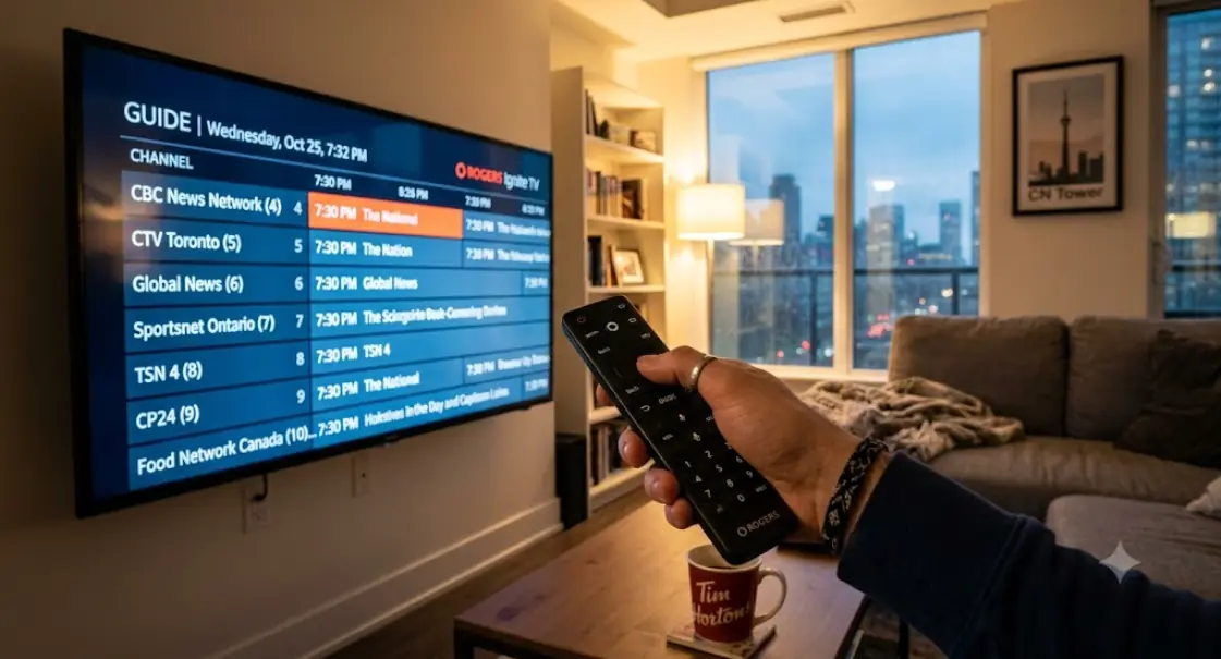Close-up of a hand holding a remote pointed at a TV displaying a channel guide, modern Canadian apartment, evening