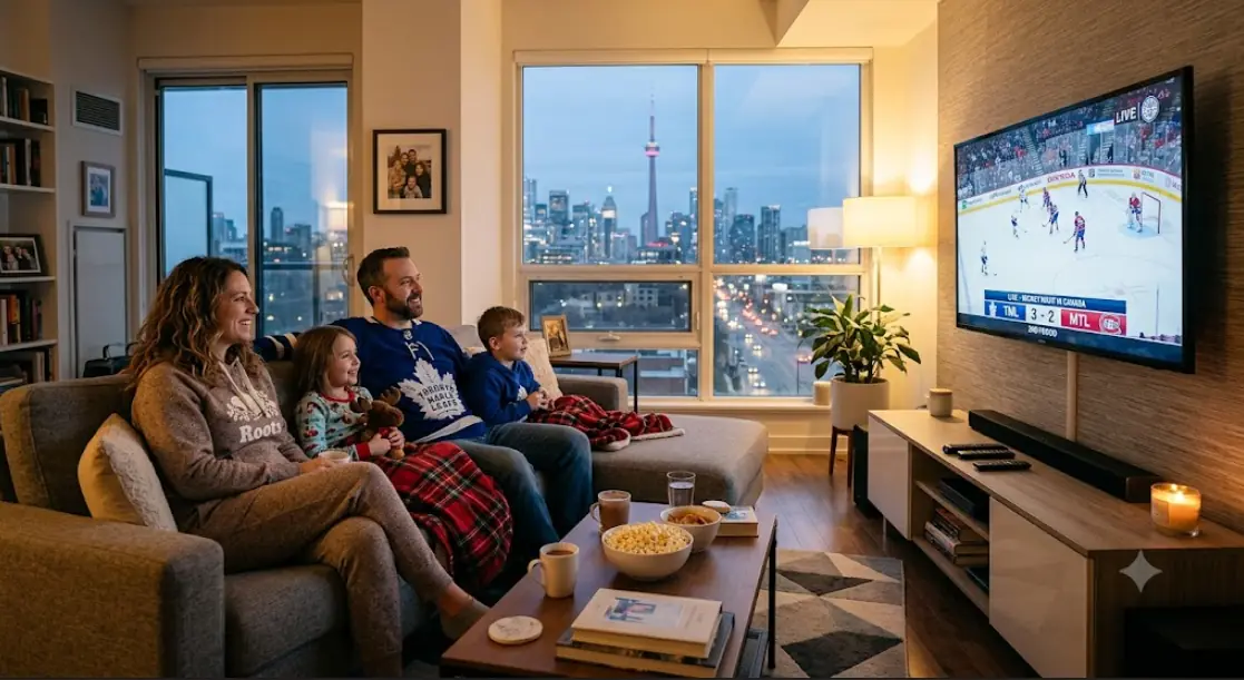 Canadian family in an Ontario living room watching live television on a wall-mounted Smart TV, warm evening lighting, modern condo interior