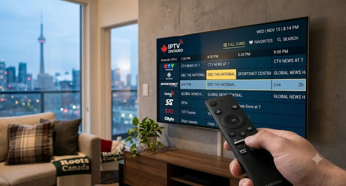 Close-up of a Smart TV screen showing an iptv ontario channel guide interface, remote control held in the foreground, modern Canadian home setting