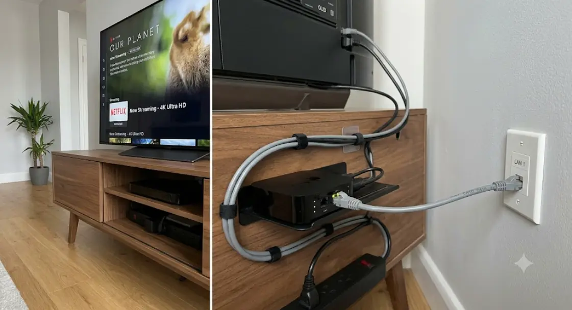 Ethernet cable plugged into a small streaming box behind a television stand, tidy modern setup, illustrating a wired fix for buffering